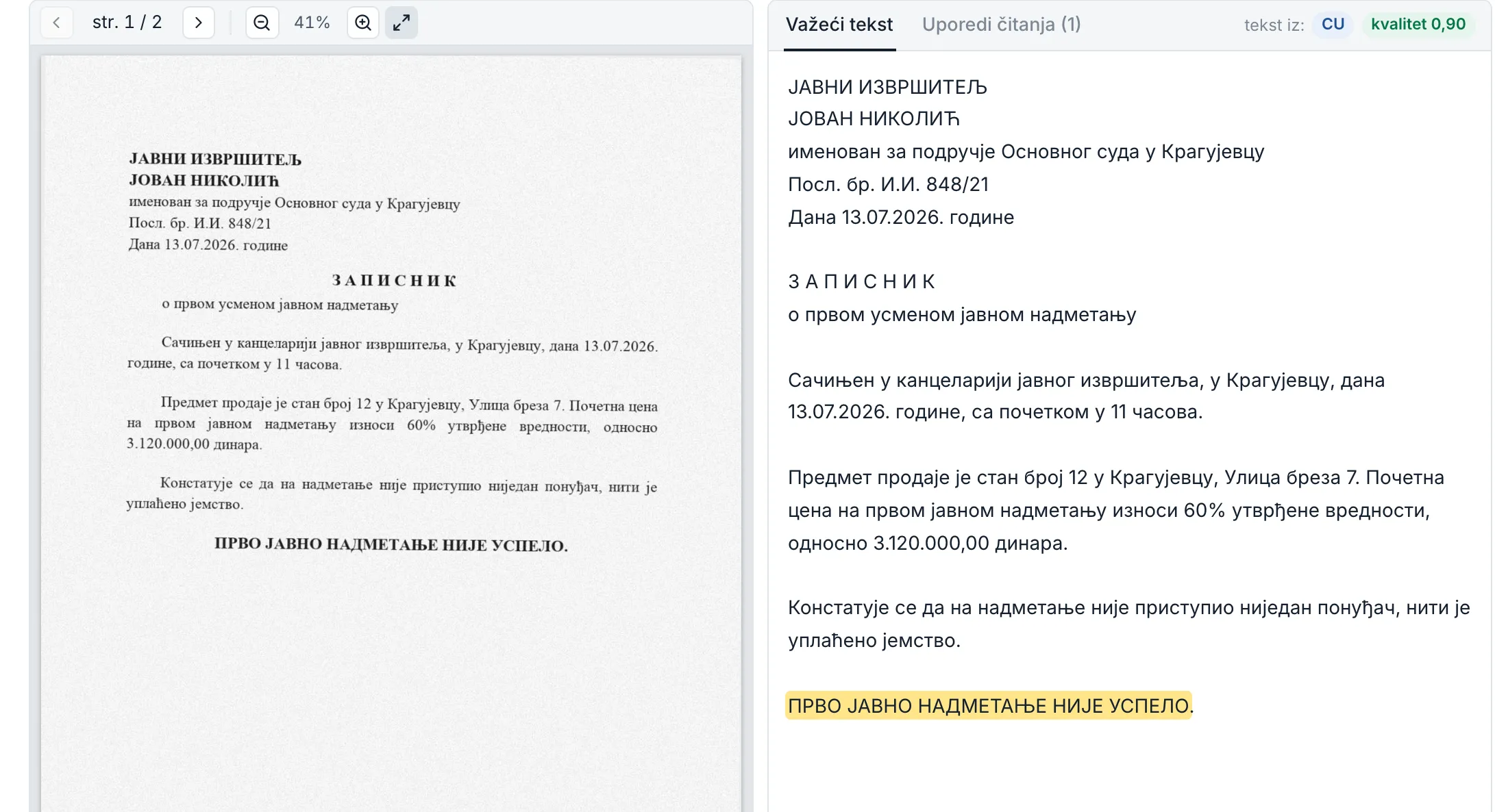 Pregled dokumenta: levo sken zapisnika o javnom nadmetanju, desno prepoznat tekst u kome je označena rečenica „Prvo javno nadmetanje nije uspelo“.